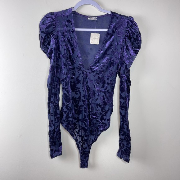 Free People Blue Deep Sea Combo Magic Hour Velvet Burnout Bodysuit NWT Medium - Picture 2 of 11